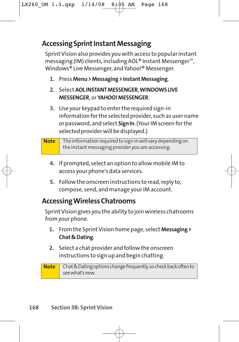 Accessing sprint instant messaging, Accessing wireless chatrooms | LG LGLX260 User Manual | Page 186 / 220
