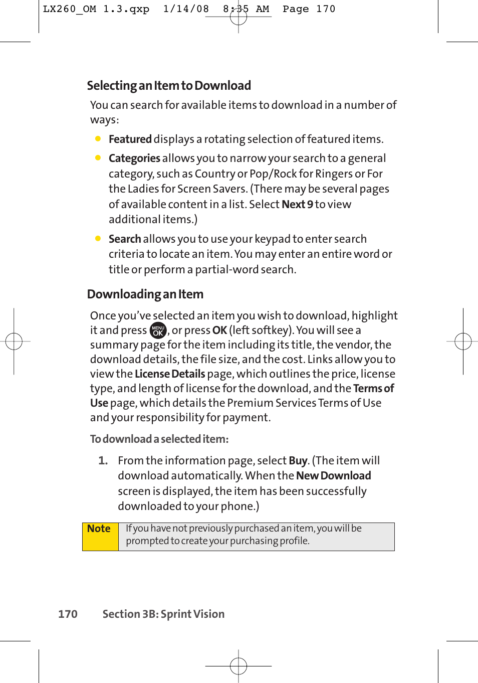 Selecting an item to download, Downloading an item | LG LGLX260 User Manual | Page 188 / 220