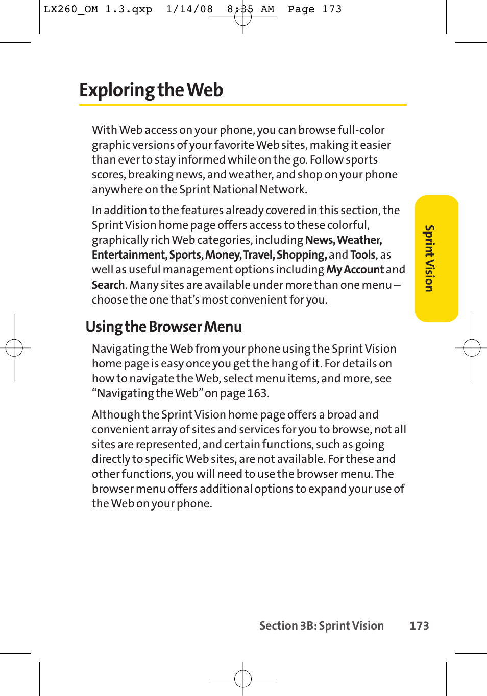 Exploring the web, Using the browser menu | LG LGLX260 User Manual | Page 191 / 220