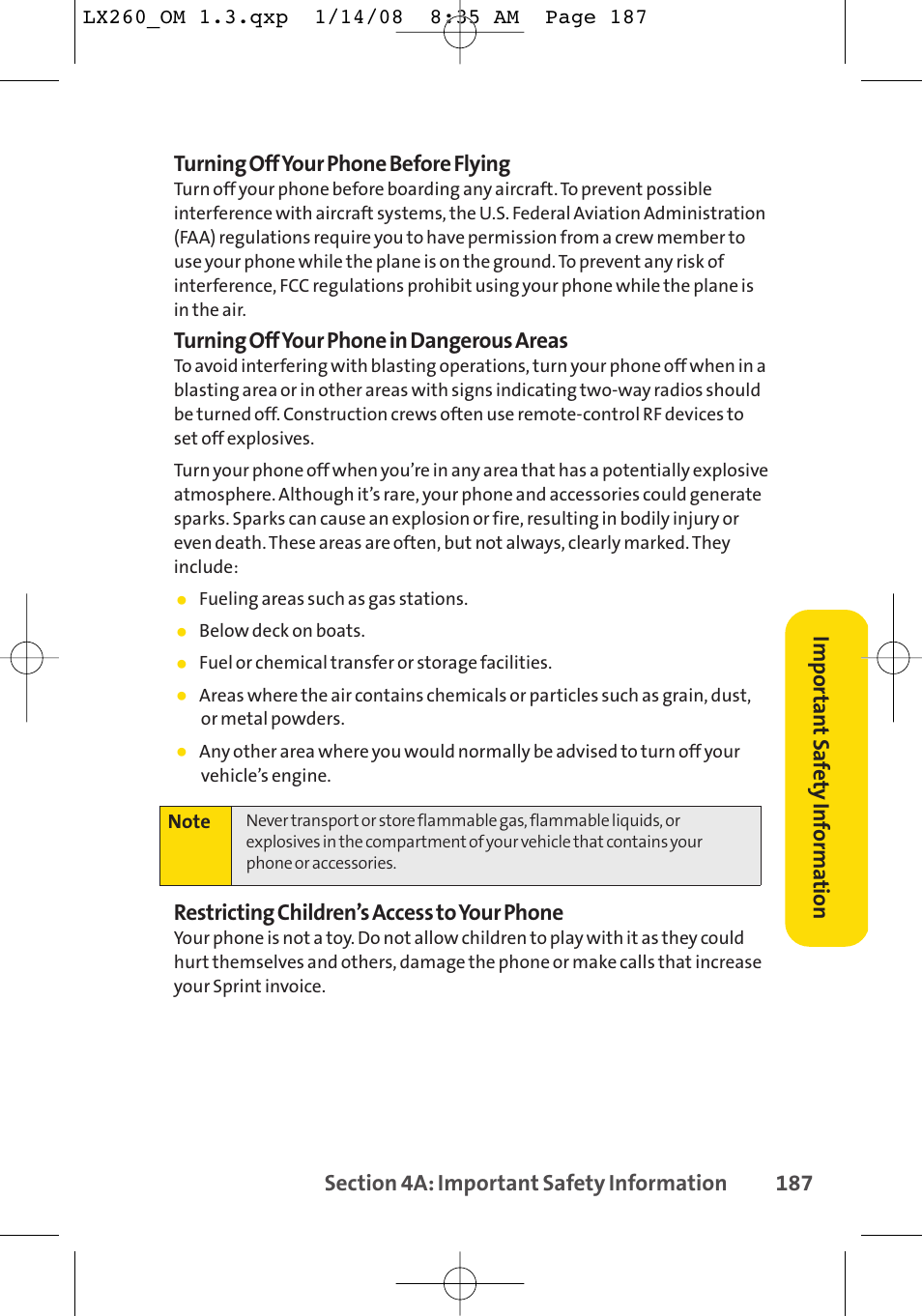 Turning off your phone in dangerous areas, Restricting children’s access to your phone, Impor tan t saf ety inf orma tion | LG LGLX260 User Manual | Page 205 / 220