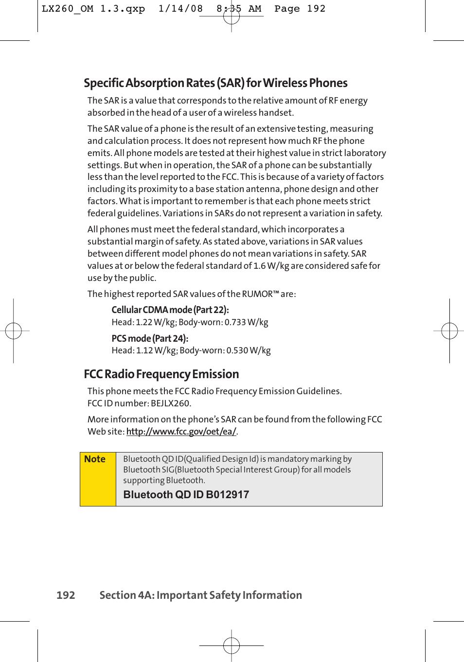 Fcc radio frequency emission | LG LGLX260 User Manual | Page 210 / 220