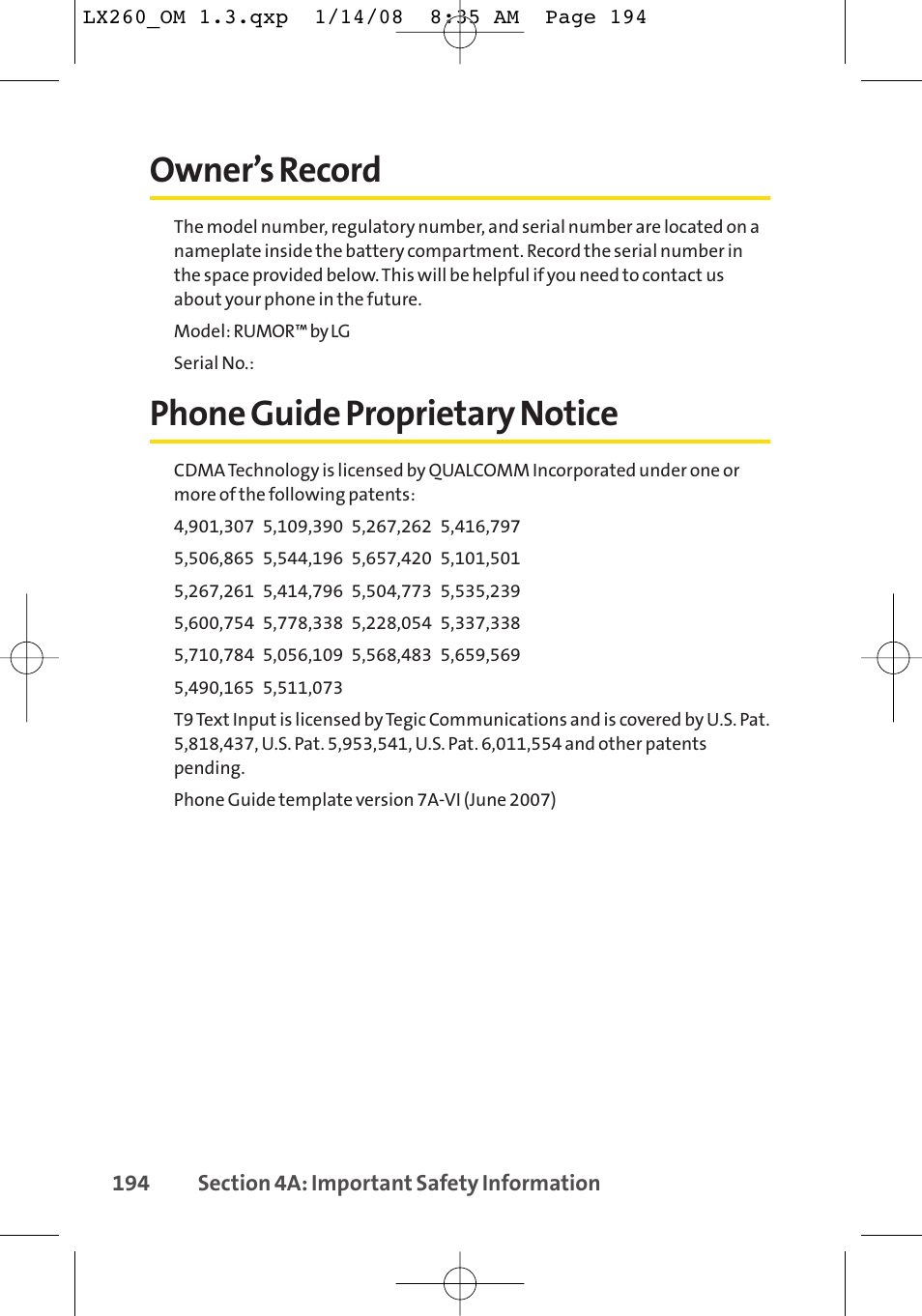 Owner’s record, Phone guide proprietary notice | LG LGLX260 User Manual | Page 212 / 220