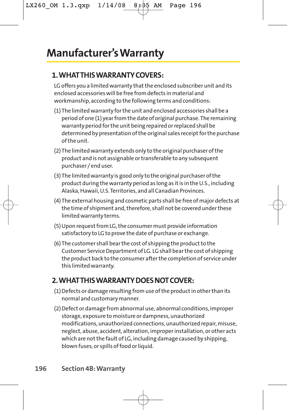 Manufacturer’s warranty, What this warranty covers, What this warranty does not cover | LG LGLX260 User Manual | Page 214 / 220
