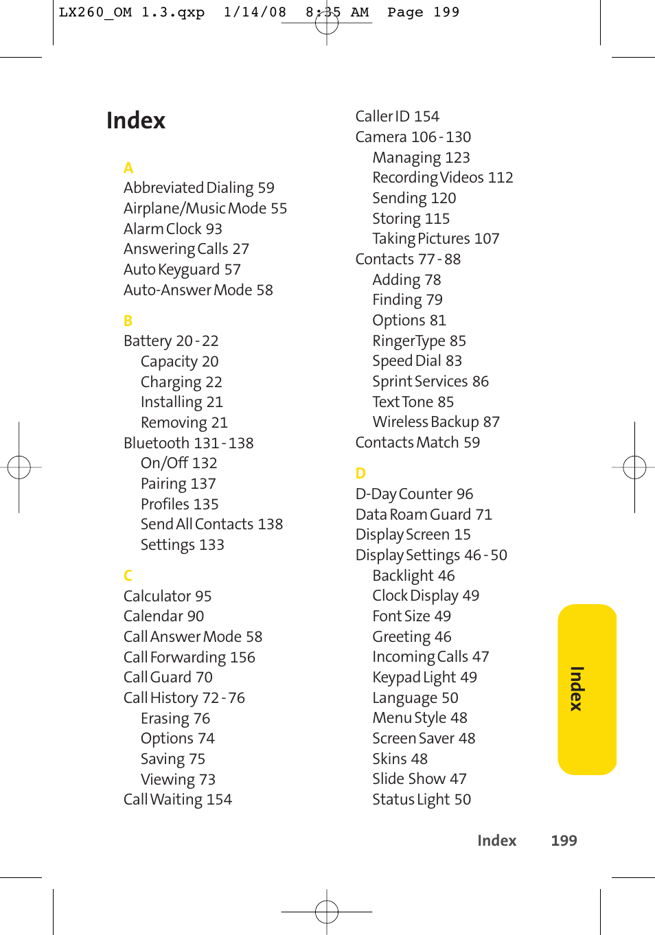 Index | LG LGLX260 User Manual | Page 217 / 220