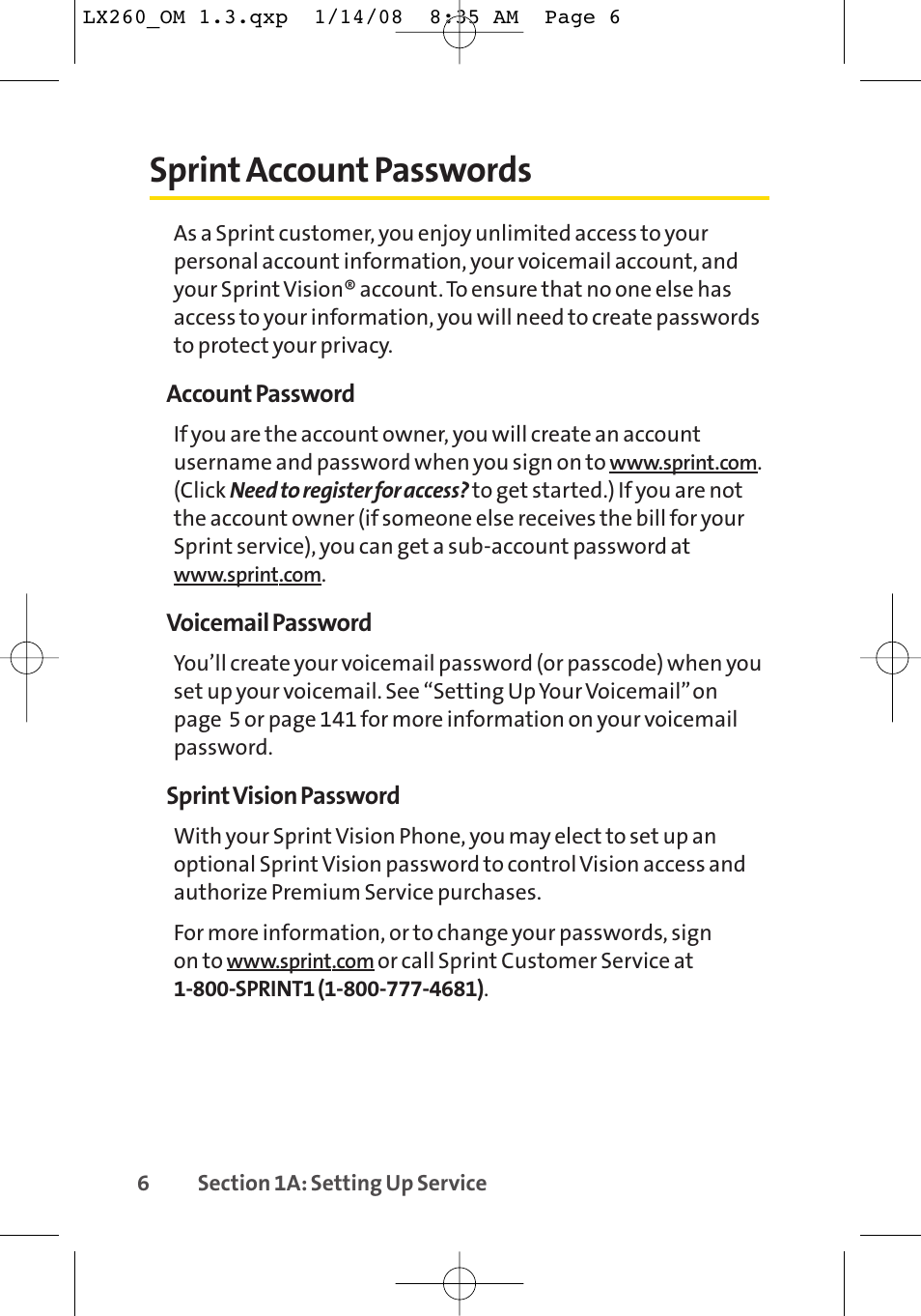 Sprint account passwords | LG LGLX260 User Manual | Page 24 / 220