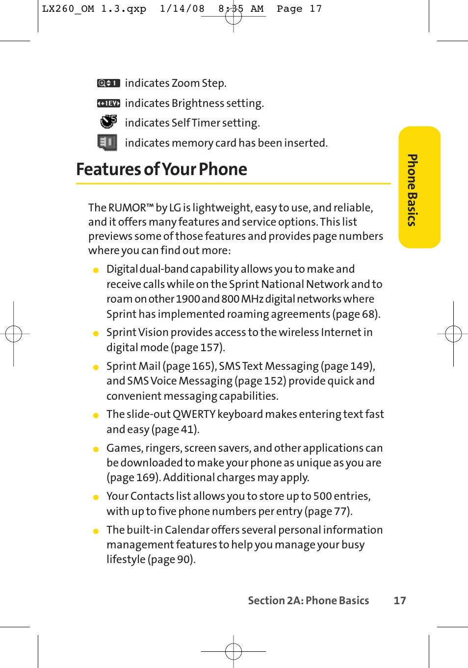 Features of your phone, Phone basics | LG LGLX260 User Manual | Page 35 / 220