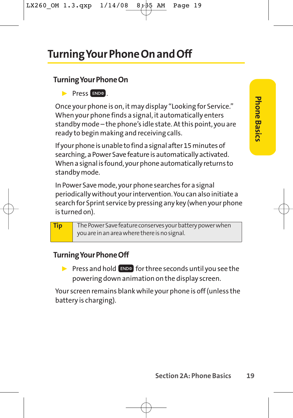 Turning your phone on and off, Phone basics | LG LGLX260 User Manual | Page 37 / 220