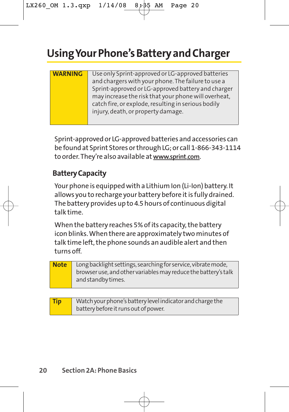 Using your phone’s battery and charger | LG LGLX260 User Manual | Page 38 / 220