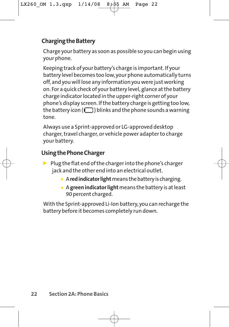 Charging the battery, Using the phone charger | LG LGLX260 User Manual | Page 40 / 220