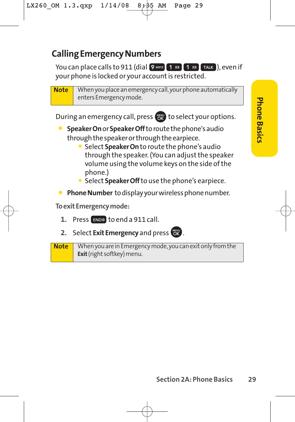 Calling emergency numbers, Phone basics | LG LGLX260 User Manual | Page 47 / 220