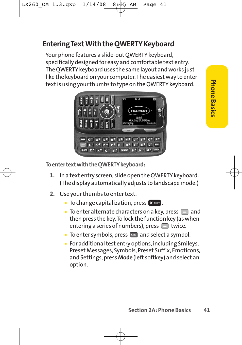 Entering text with the qwerty keyboard, Phone basics | LG LGLX260 User Manual | Page 59 / 220