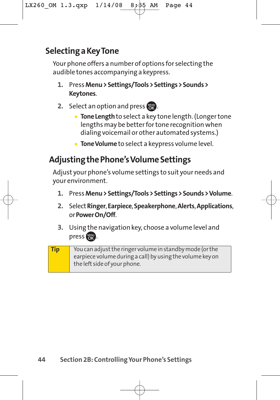 Selecting a key tone, Adjusting the phone’s volume settings | LG LGLX260 User Manual | Page 62 / 220