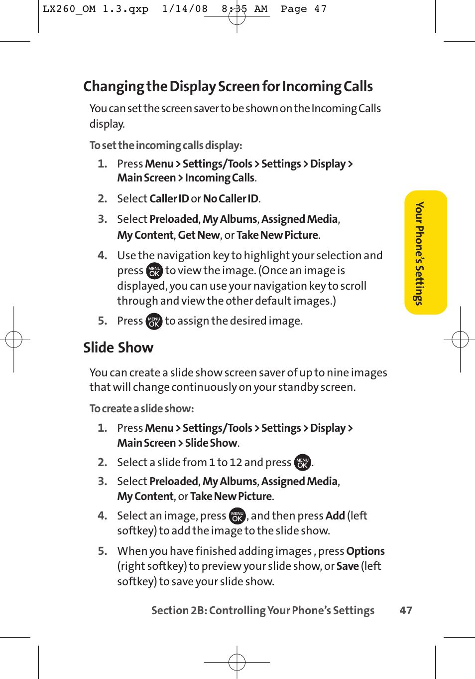 Changing the display screen for incoming calls, Slide show | LG LGLX260 User Manual | Page 65 / 220
