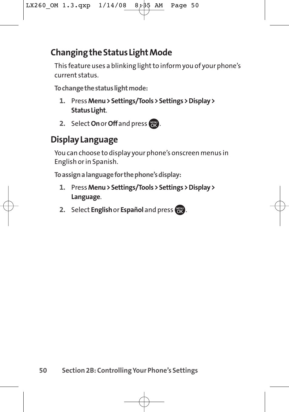 Changing the status light mode, Display language | LG LGLX260 User Manual | Page 68 / 220