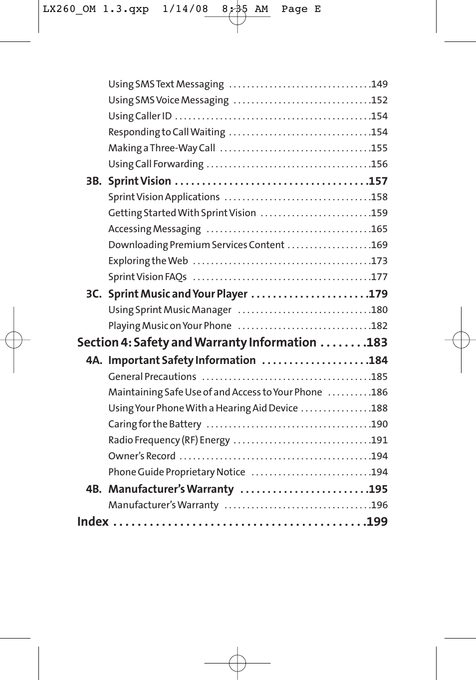 Index | LG LGLX260 User Manual | Page 7 / 220