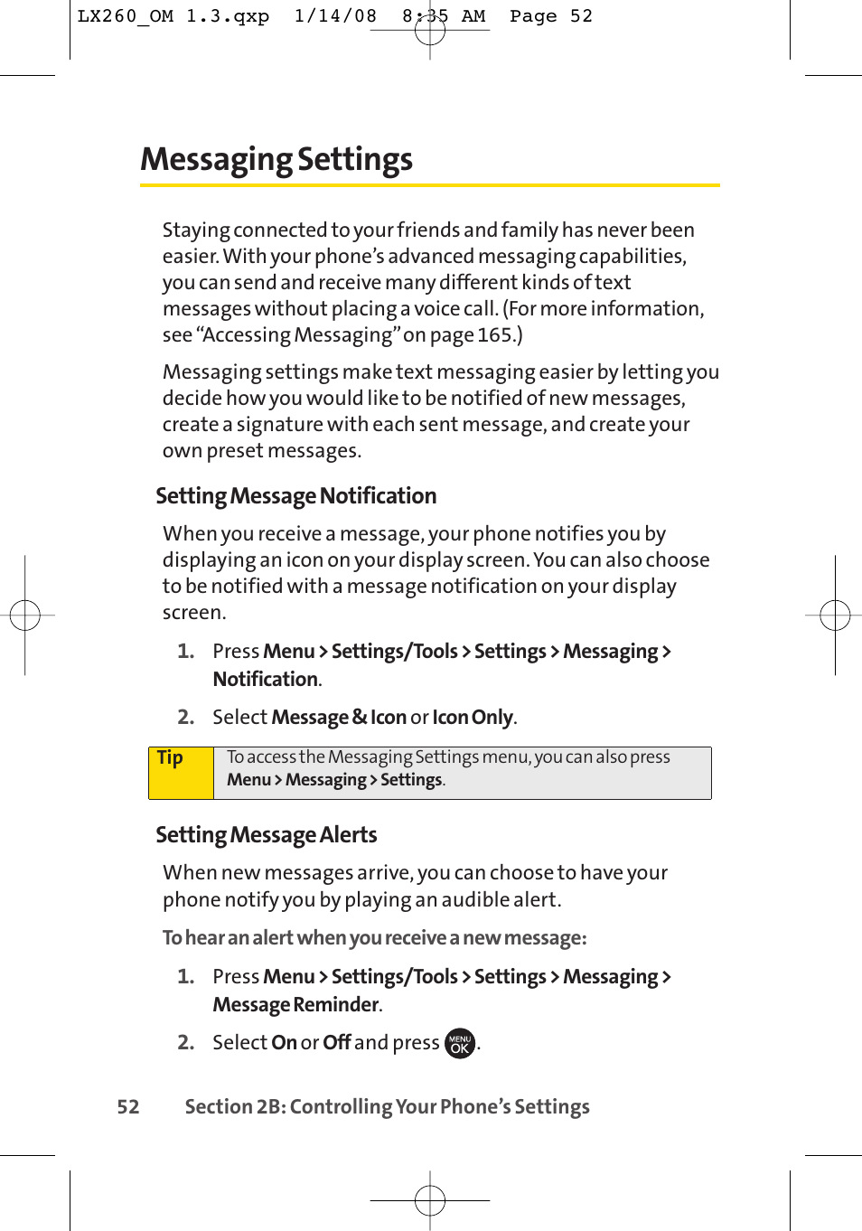 Messaging settings | LG LGLX260 User Manual | Page 70 / 220