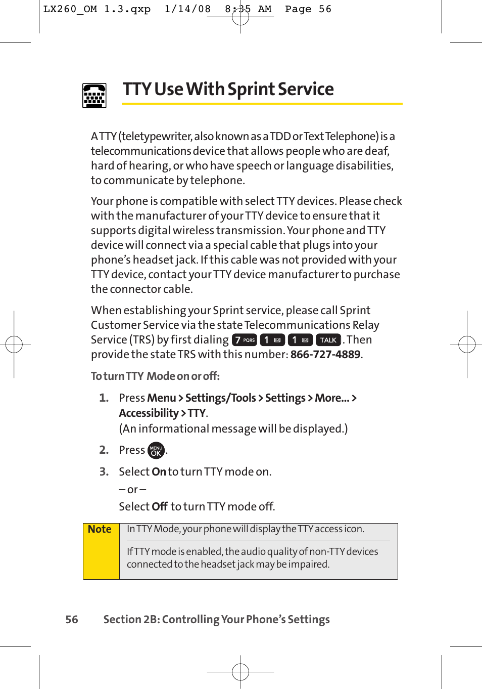 Tty use with sprint service | LG LGLX260 User Manual | Page 74 / 220