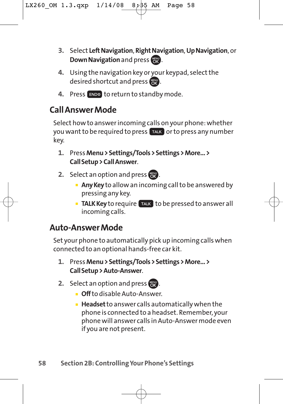 Call answer mode, Auto-answer mode | LG LGLX260 User Manual | Page 76 / 220