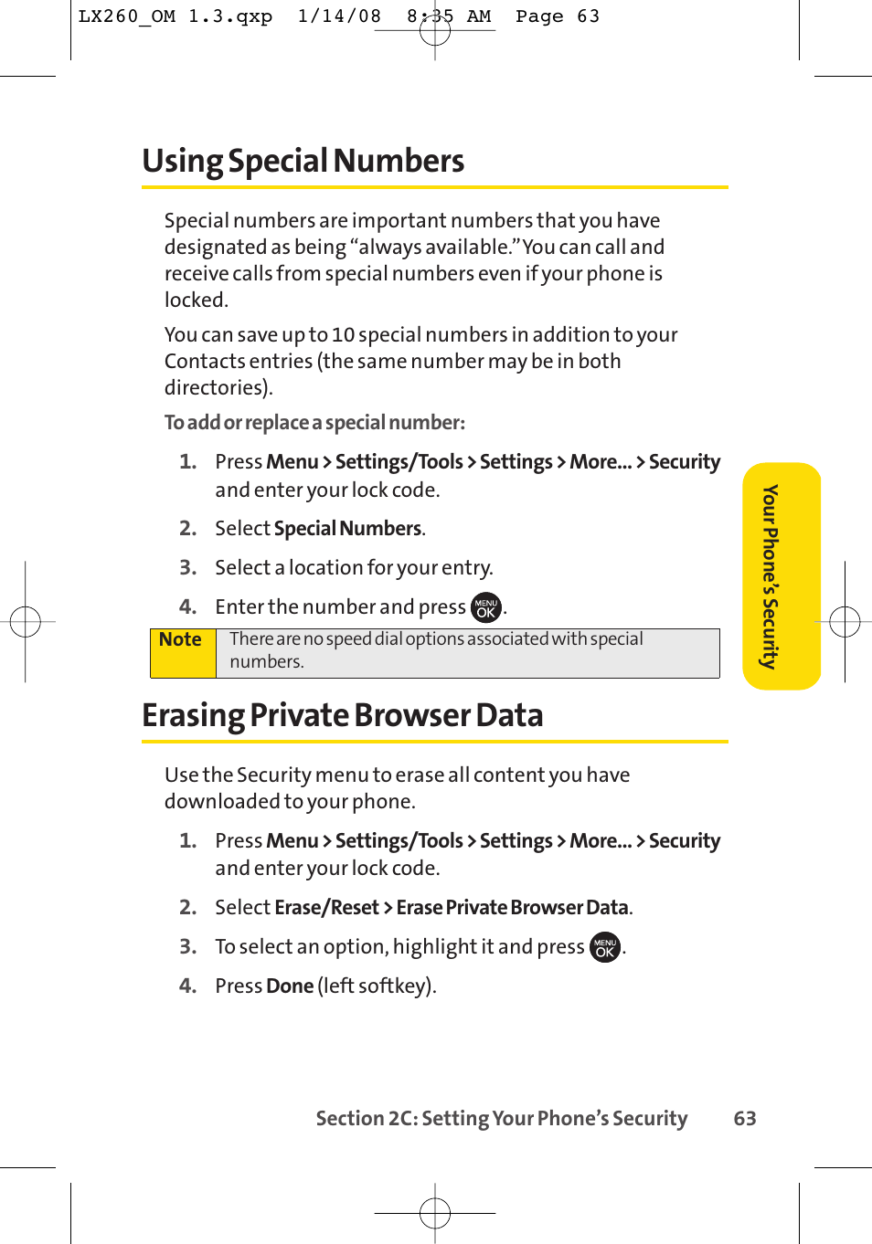 Using special numbers, Erasing private browser data | LG LGLX260 User Manual | Page 81 / 220
