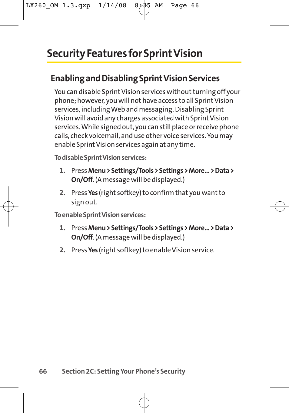 Security features for sprint vision, Enabling and disabling sprint vision services | LG LGLX260 User Manual | Page 84 / 220