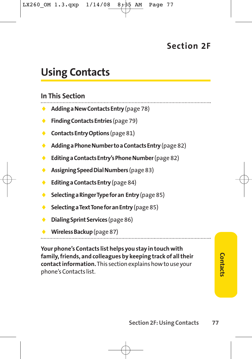 Using contacts | LG LGLX260 User Manual | Page 95 / 220