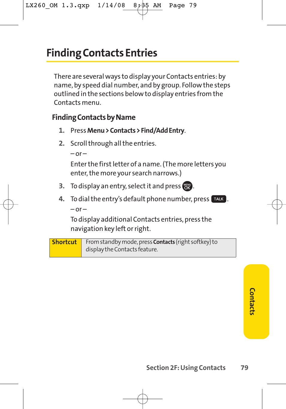 Finding contacts entries | LG LGLX260 User Manual | Page 97 / 220