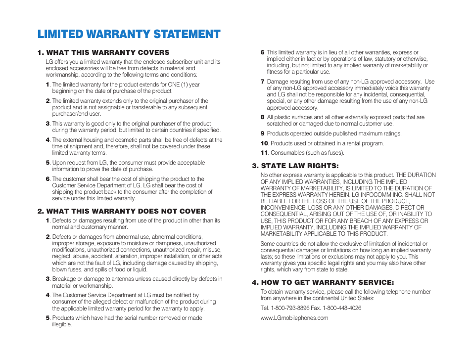 Limited warranty statement | LG G4011GO User Manual | Page 2 / 50