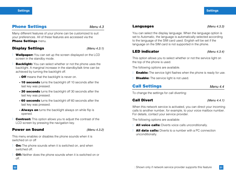 Phone settings, Call settings | LG G4011GO User Manual | Page 27 / 50