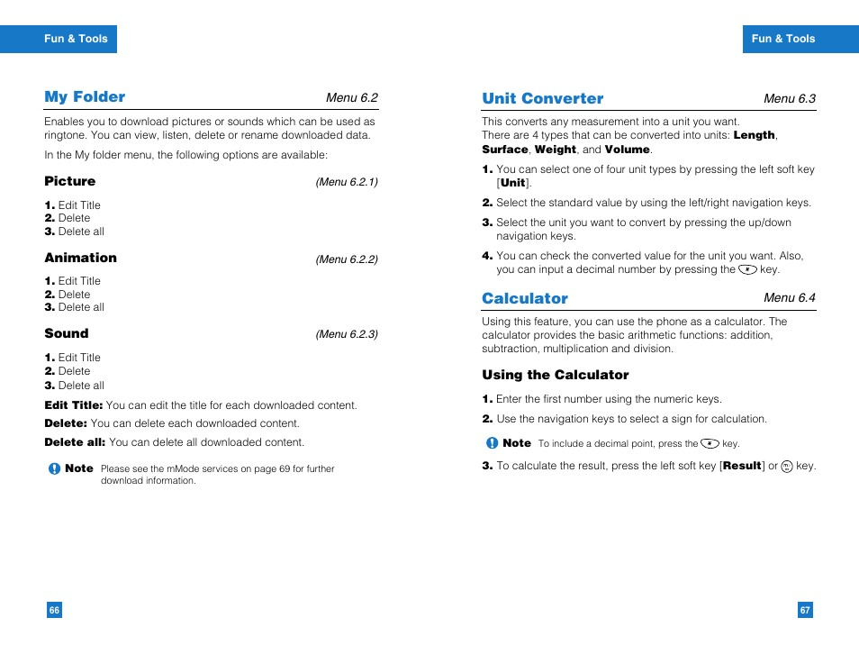 Calculator, Unit converter, My folder | LG G4011GO User Manual | Page 35 / 50