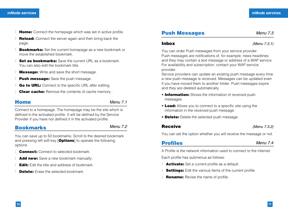 Home, Bookmarks, Push messages | Profiles | LG G4011GO User Manual | Page 37 / 50