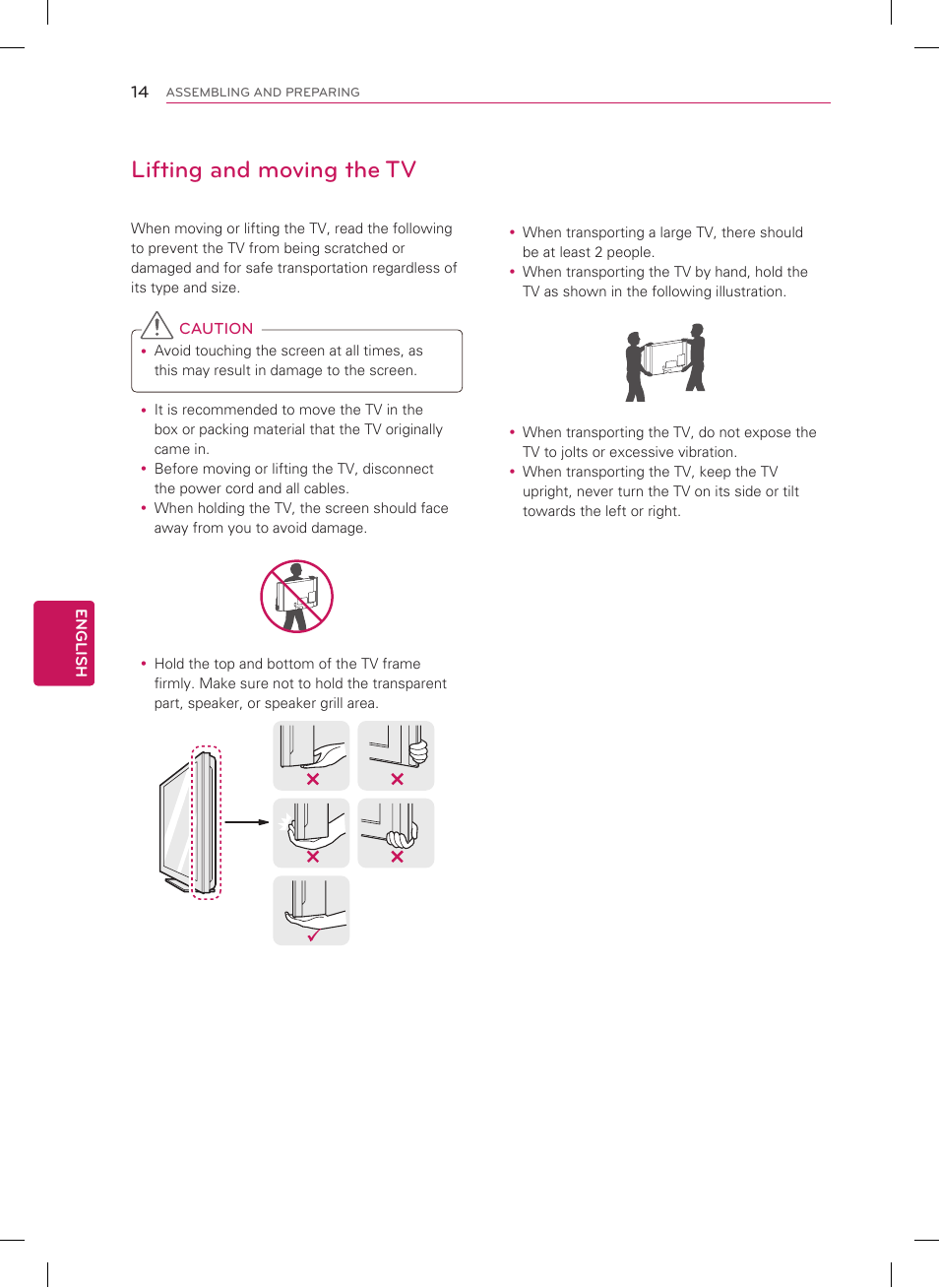 Lifting and moving the tv | LG 60PA6500 User Manual | Page 14 / 52