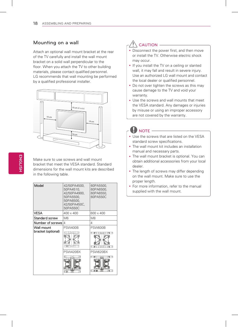 Mounting on a wall | LG 60PA6500 User Manual | Page 18 / 52