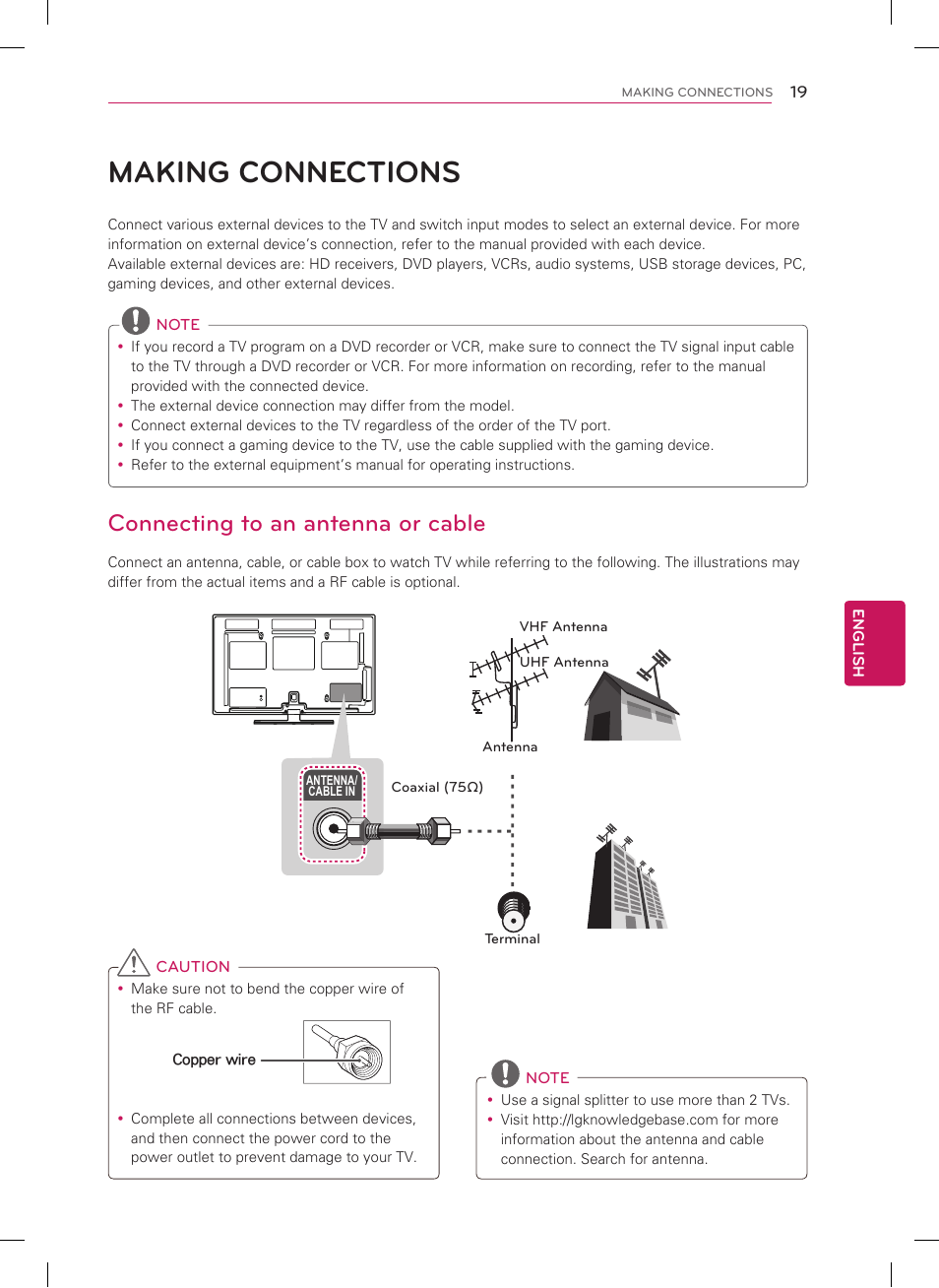 Making connections, Connecting to an antenna or cable | LG 60PA6500 User Manual | Page 19 / 52