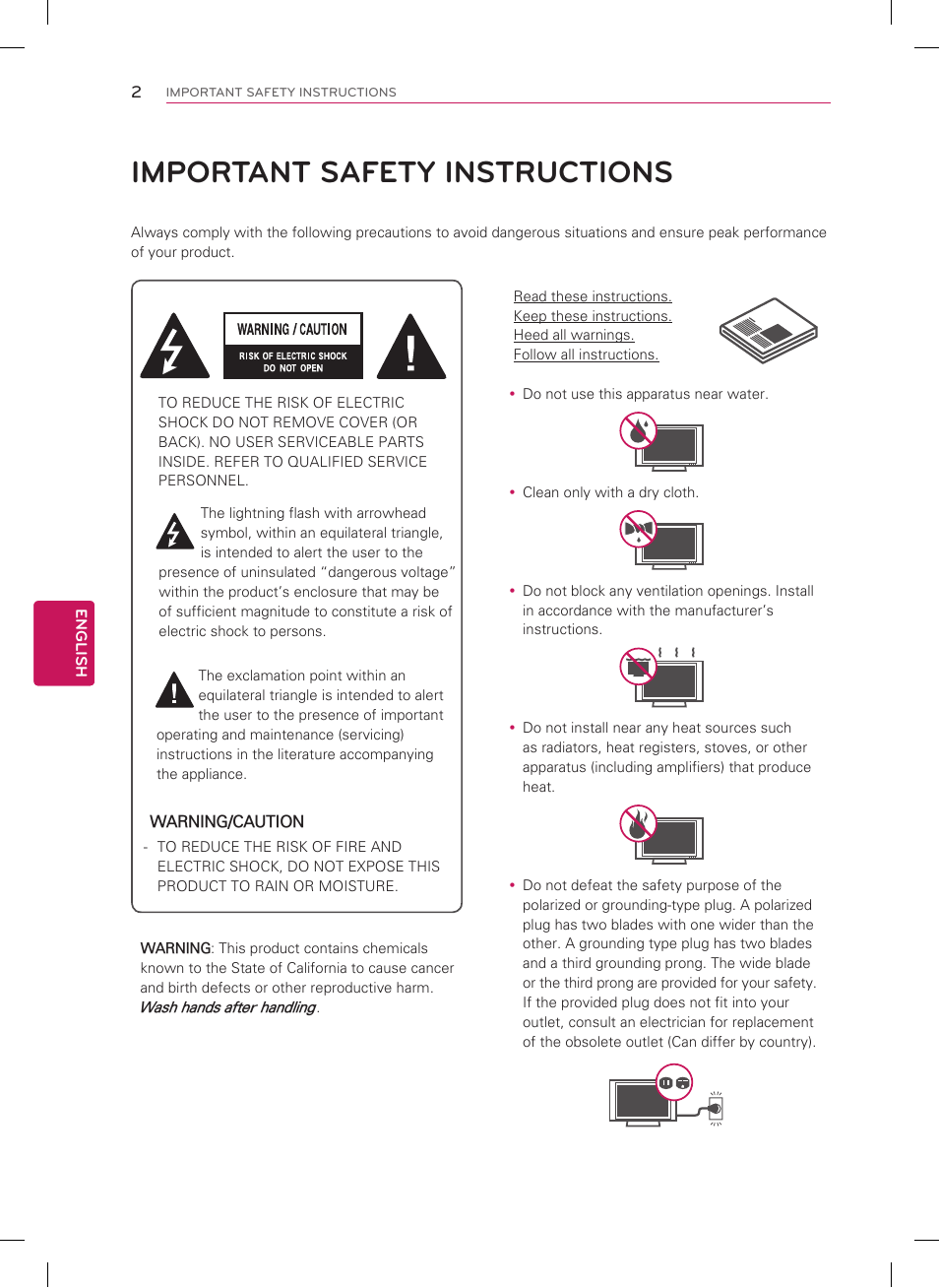 Important safety instructions | LG 60PA6500 User Manual | Page 2 / 52