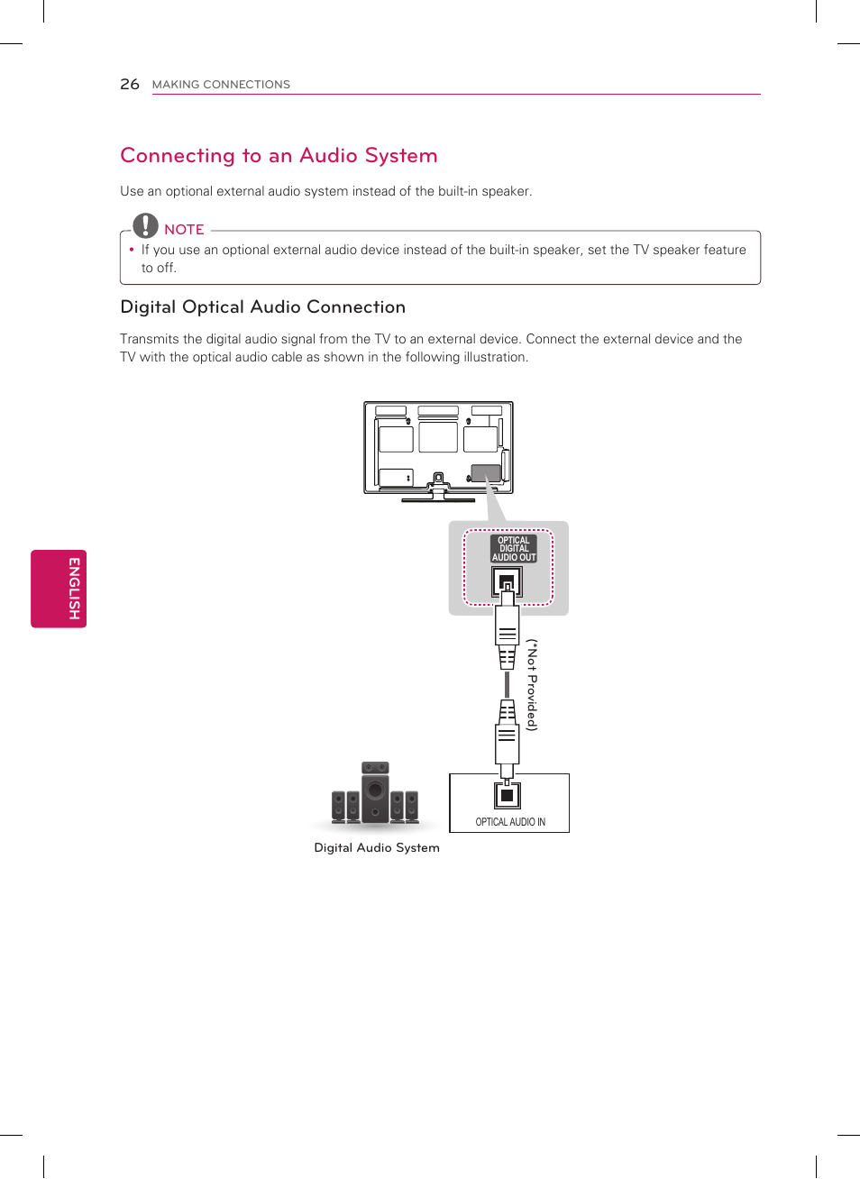 Connecting to an audio system, Digital optical audio connection | LG 60PA6500 User Manual | Page 26 / 52