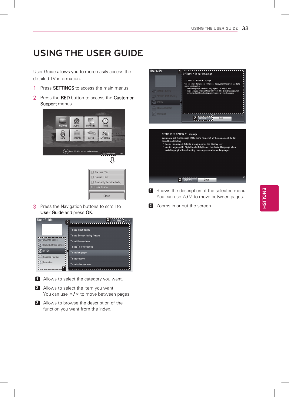 Using the user guide, English, Press settings to access the main menus | Allows to select the category you want, Zooms in or out the screen | LG 60PA6500 User Manual | Page 33 / 52