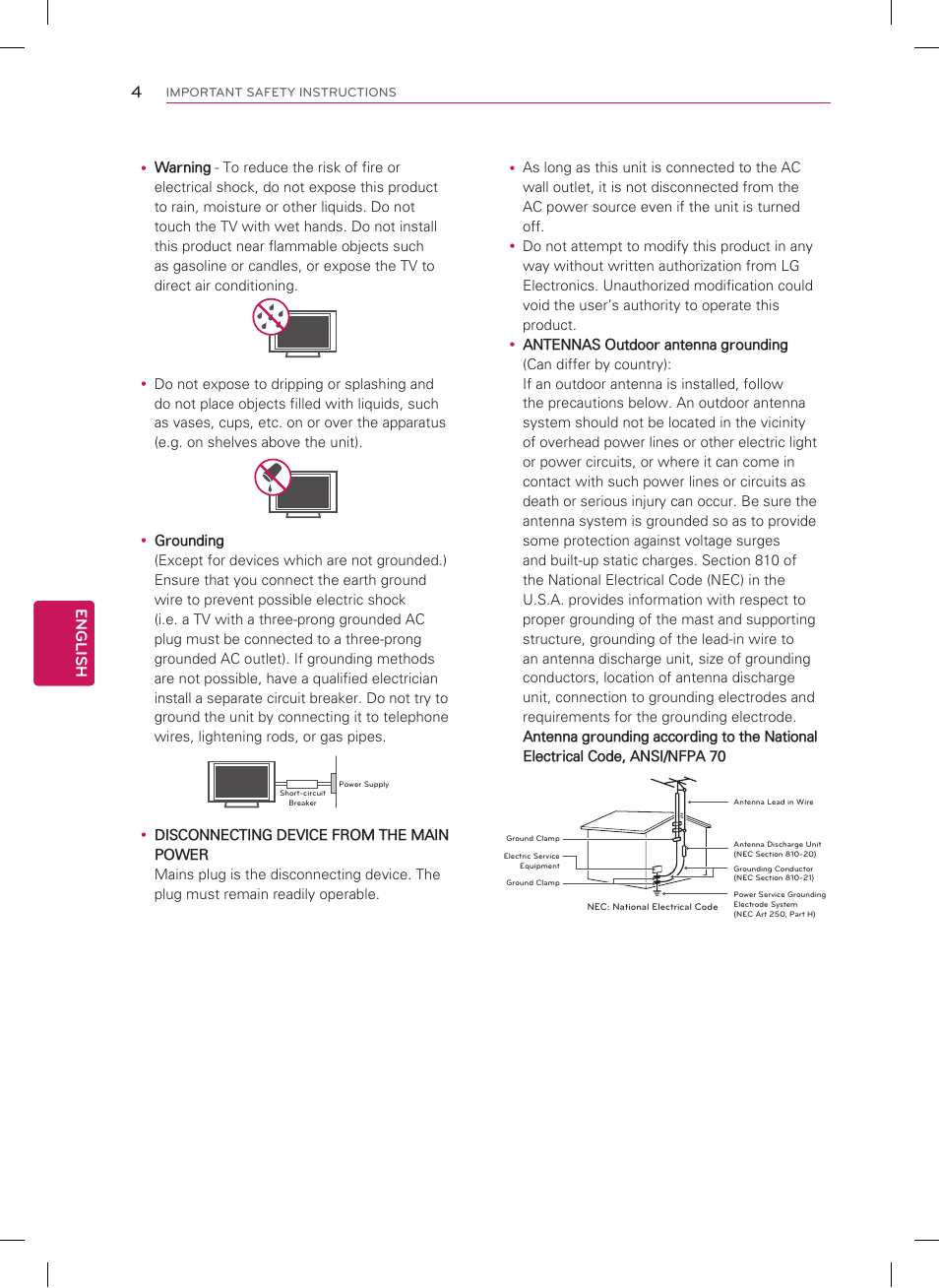 Short-circuit breaker power supply, English | LG 60PA6500 User Manual | Page 4 / 52