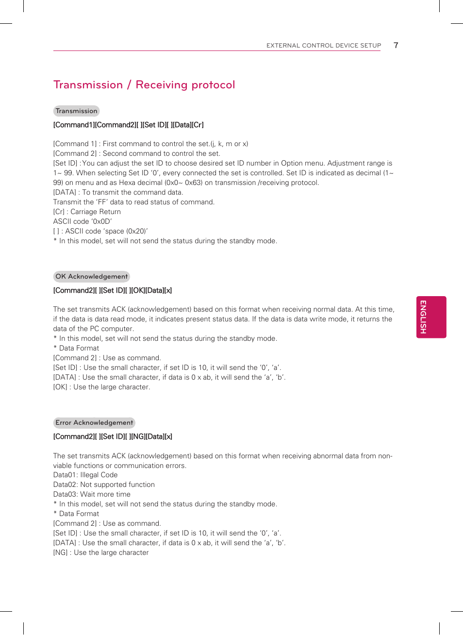 Transmission / receiving protocol | LG 60PA6500 User Manual | Page 47 / 52