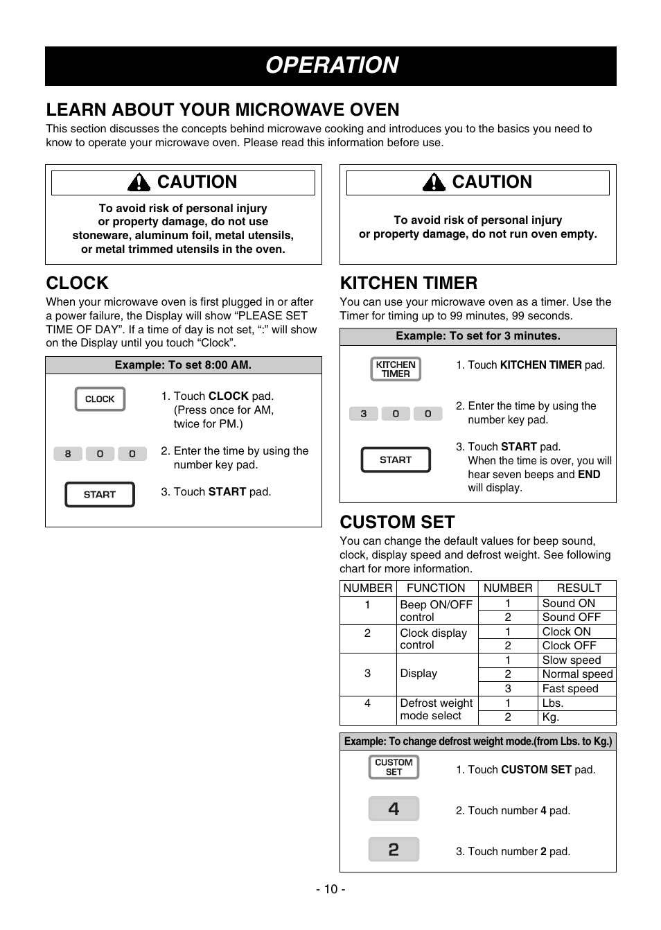 Operation, Clock, Kitchen timer | Custom set, Learn about your microwave oven, Caution | LG LMV1645SW User Manual | Page 10 / 32