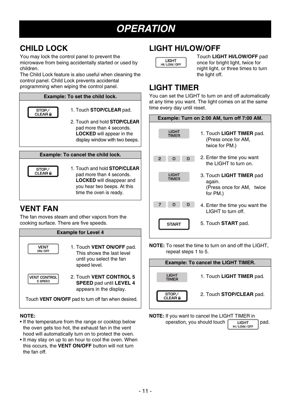 Operation, Child lock, Vent fan | Light hi/low/off, Light timer | LG LMV1645SW User Manual | Page 11 / 32