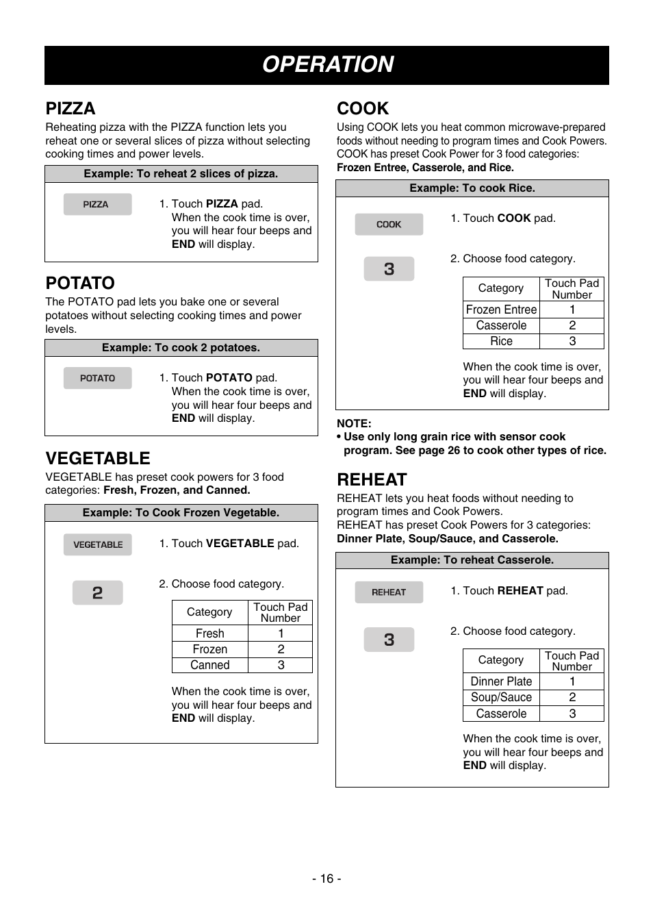Operation, Cook, Reheat | Pizza, Potato, Vegetable | LG LMV1645SW User Manual | Page 16 / 32