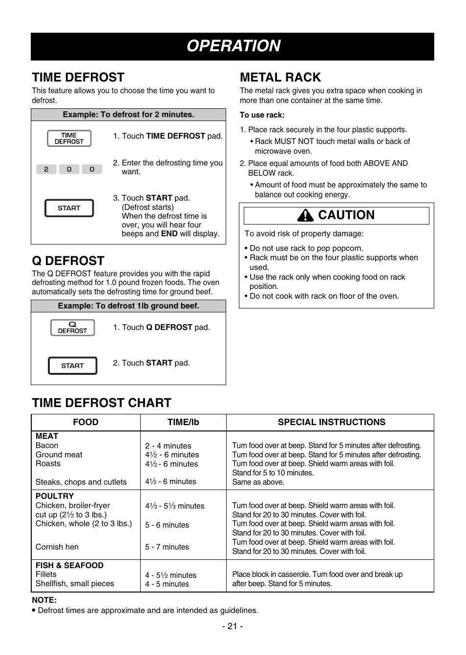 Operation, Time defrost, Q defrost | Metal rack, Caution, Time defrost chart | LG LMV1645SW User Manual | Page 21 / 32