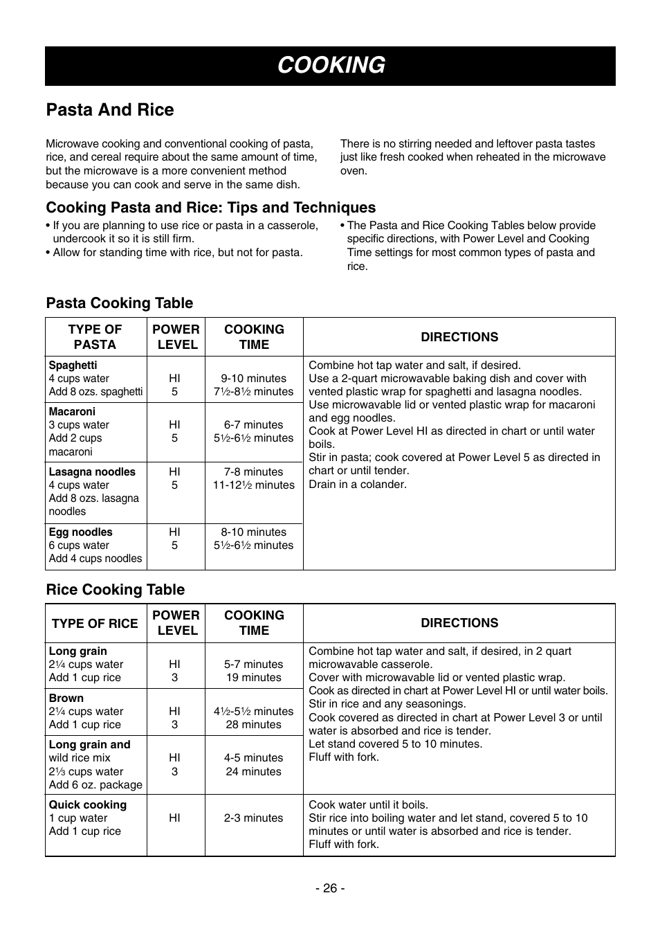 Cooking, Pasta and rice | LG LMV1645SW User Manual | Page 26 / 32