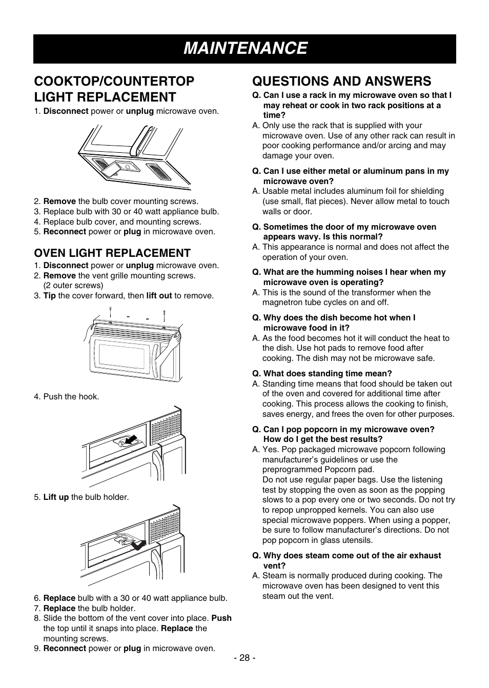 Maintenance, Cooktop/countertop light replacement, Questions and answers | Oven light replacement | LG LMV1645SW User Manual | Page 28 / 32