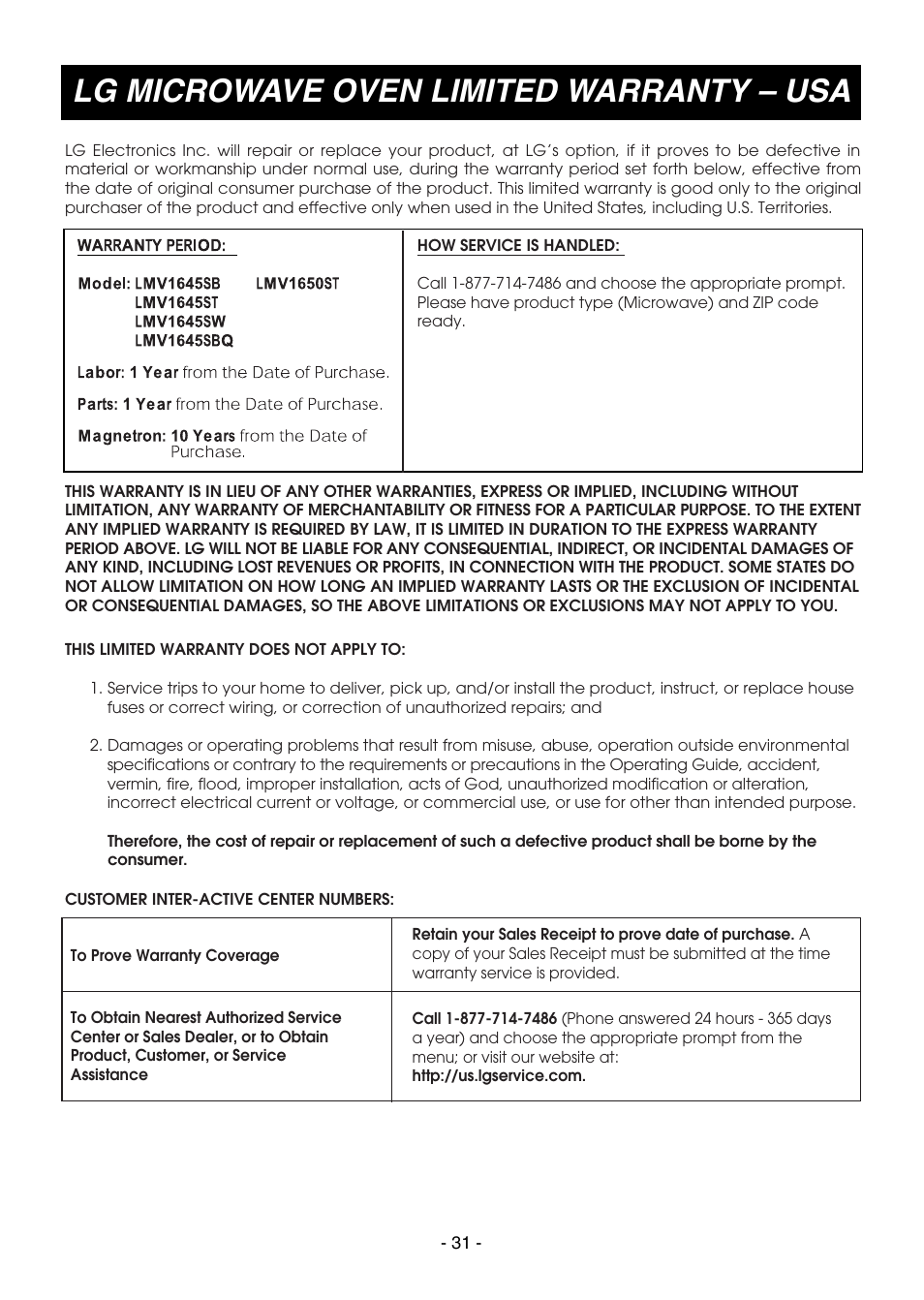 Lg microwave oven limited warranty – usa | LG LMV1645SW User Manual | Page 31 / 32