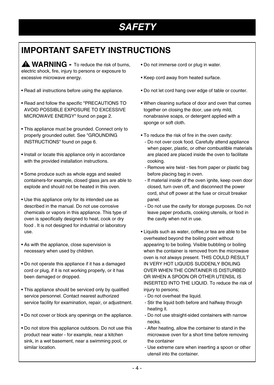 Safety, Important safety instructions, Warning | LG LMV1645SW User Manual | Page 4 / 32