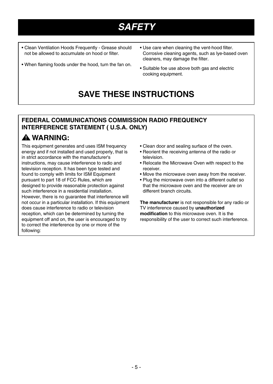 Safety, Save these instructions, Warning | LG LMV1645SW User Manual | Page 5 / 32