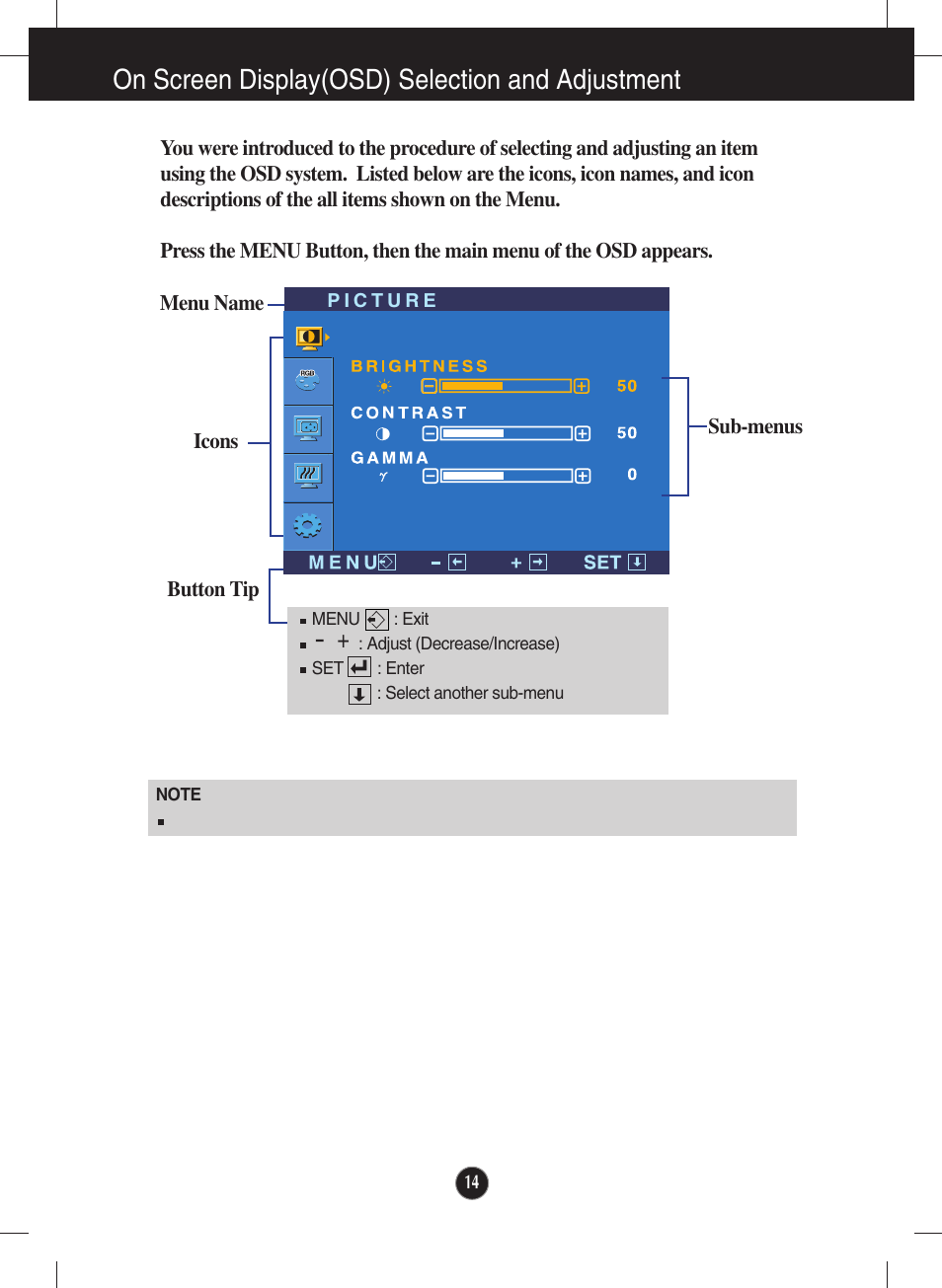 On screen display(osd) selection and adjustment | LG L200ME-BF User Manual | Page 15 / 25