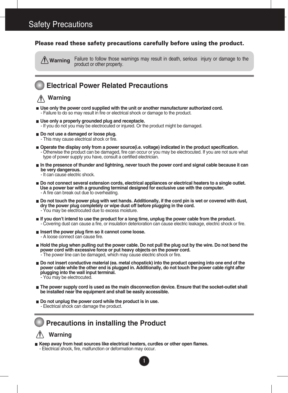 Safety precautions, Electrical power related precautions, Precautions in installing the product | LG L200ME-BF User Manual | Page 2 / 25