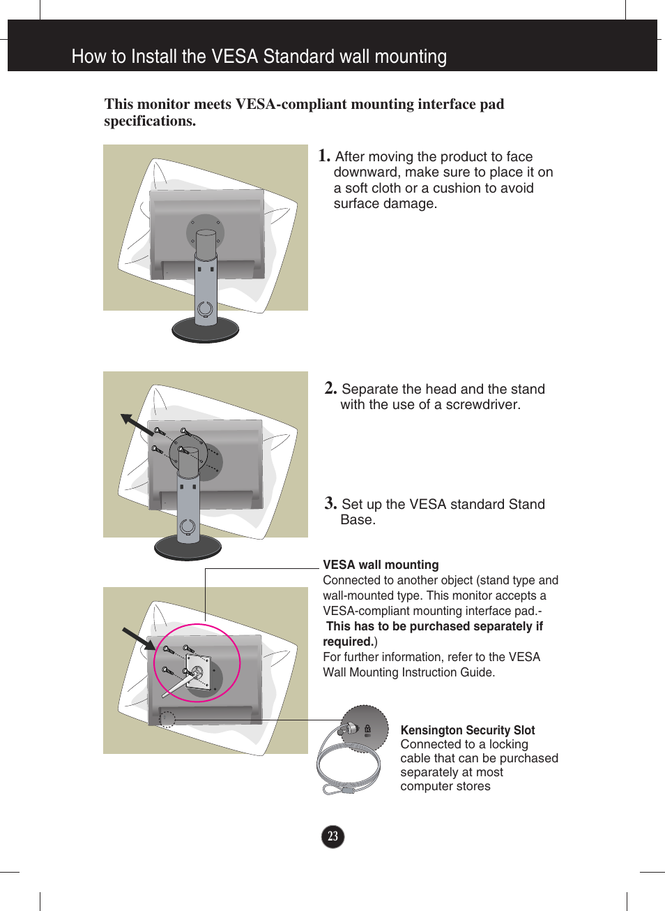 How to install the vesa standard wall mounting | LG L200ME-BF User Manual | Page 24 / 25